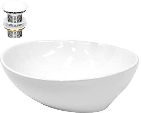 ECD Germany Lavabo en Céramique Blanc 410x330x142 mm avec Garniture de Vidage 1 1/4 Universelle sans Trop-Plein, Design Ovale, Vasque à Poser Moderne, Évier Lave-Mains pour Salle de Bain et Toilette