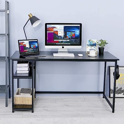 Schreibtisch 120cm, Computertisch mit 2 Regale,Gaming Tisch mit Metall Hake, Modern Office Desk, Bürotisch, Officetisch für Home Office Schule, Einfache Montage, Schwarz