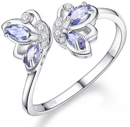CRYSLOVE S925 Sterling Silber Birthstone Schmetterling Ringe für Damen Frauen Cubic Zirkon Schmetterlinge Einstellbare Offene Ringe Aussage Schmuck Geschenke für Weihnachten für Mutter Tochter