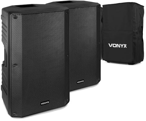 Vonyx VSA15 15 Active PA Speaker Pair with Protective SC15 Heavy-Duty Nylon Covers - Powerful 1000W Bi-Amp Sound System for DJs, Bands & Events