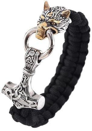 TQWSVUM Wikinger Wolfskopf Mjolnir Paracord-Armbänder Für Männer - Handgefertigtes Odin Wolf Thors Hammerseil Geflochtenes Armband - Nordische Mythologie Tier Edelstahl Talisman Schmuck(Gold_19CM)