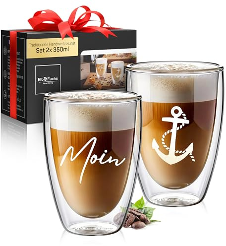 ElbFuchs® Doppelwandige Latte Macchiato Gläser Set | MOIN + ANKER |2x 350ml [MARITIME GESCHENKIDEE] Ideal als Thermogläser für Cappuccino | Kaffegläser | Teegläser