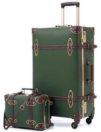 Urecity Koffer Vintage mit 4 Rollen Trolley Koffer Reisekoffer Leicht Retro Hartschalen Koffer 2-Teilig mit 12 Zoll Kleines Köfferchen (Grün, S(12)+M(20))