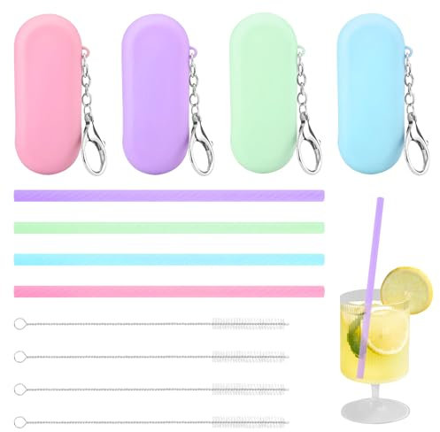 Silicone Straws Reusable,4 Sets Reusable Straws with Case Colorful Reusable Straw Kits with Cleaning Brush,Portable Silicone Straws Sets Portable Straw for Cold or Hot Drinks Reusable Straws