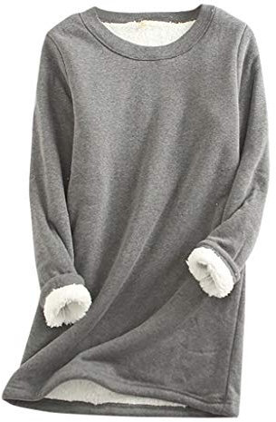 Komiseup Thermo Pullover Damen Teddy Fleece Sweatshirt ohne Kapuze Warm Sherpa Gefüttertes Pulli Winter Dicke Thermounterwäsche Große Größe Einfarbig Unterhemd Weich Bequem Plüsch Longpullover Tops