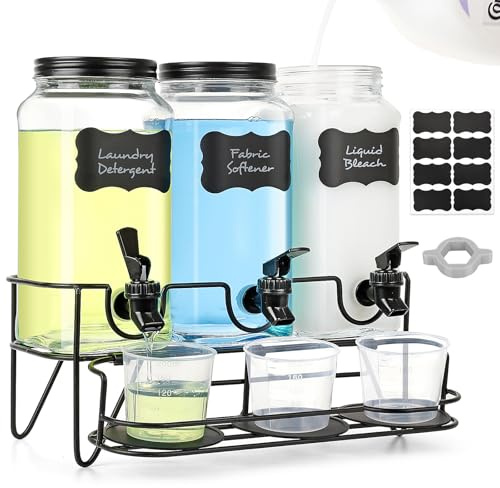 3 Sets 2.2L Liquid Laundry Detergent Dispenser, Glass Laundry Soap Dispenser with Stand, Measuring Cup, Fabric Softener Dispenser for Laundry Room Organization