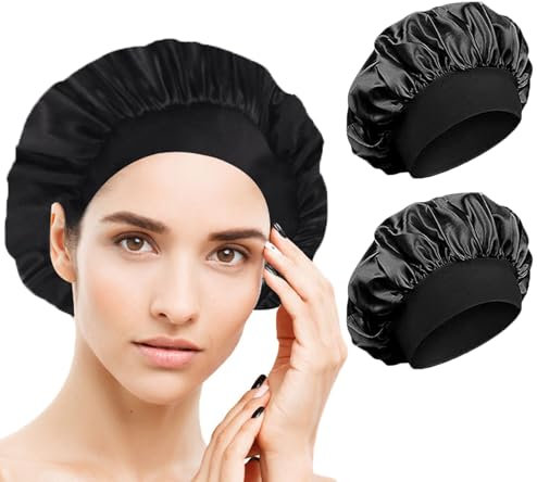 Luoqun88 Hair Bonnet for Sleeping, Wide Elastic Band Satin Bonnet Shower Cap for Women Makeup Hair Care Elastic Hat Soft Sleep Cap Satin Head Cover for Night Sleep Curly Hair Protection(Black+Black)
