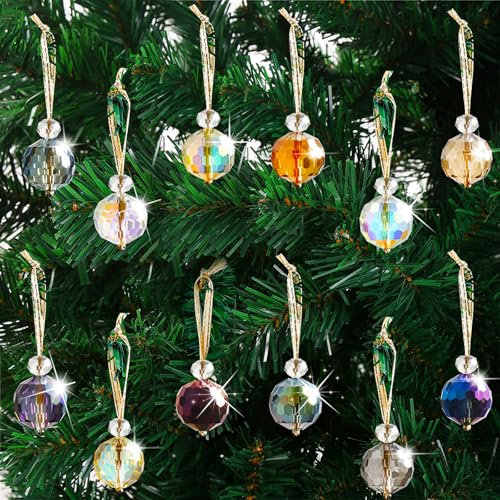 Bekeify 12PCS Christmas Crystal Ball Ornaments 2.2CM Mini Glass Baubles Faceted Prism Balls Rainbow Suncatcher Tree Decorations Hanging Ornament Pendants for Xmas New Year Party