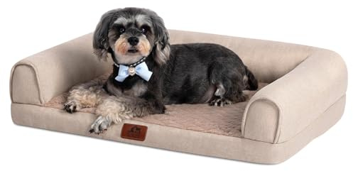Hollypet Orthopedic Dog Bed for Medium Dogs, Supportive Foam Pet Couch with Removable Washable Cover and Non-Slip Bottom, Waterproof Lining Dog Sofa Bed, Khaki, M (28 * 22.5 * 7.5)