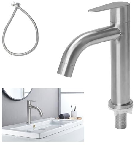 Minnhua Rubinetto Bagno Lavabo Acciaio Inossidabile, Rubinetto Bidet con Tubo Flessibile, Rubinetto per Acqua Fredda, Rubinetti Lavandino per Lavabi Cucina e Bagno (Uscita Acqua Curva)