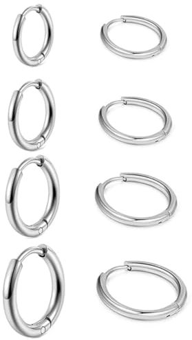 UYRVAPE Edelstahl-Kreolen für Damen und Herren, runde Ohrringe, Knorpel, Nase, Lippen, 4 Paare (8/10/12/14 mm)