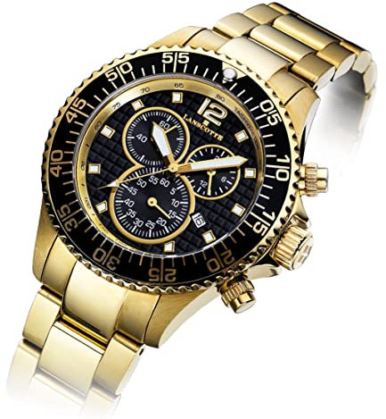 Lanscotte Icon – Reloj Cronógrafo de Hombre 42 mm – Acero Quirúrgico Antialérgico Acabado en Oro 1ª Ley IPG · Bisel Black Enamel · Cristal Tipo Zafiro · Taquímetro · 10 ATM