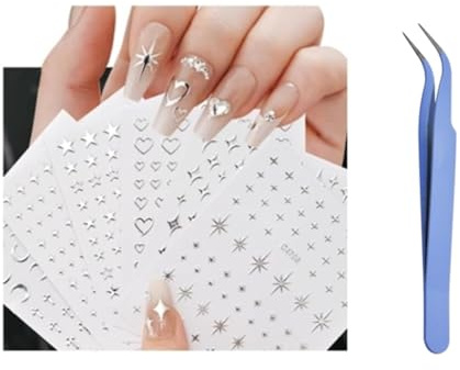 ICATUENY 6 Sheets Star Nail Art Stickers, Moon Star Heart Nail Supplies, Self-Adhesive Nail Decals, DIY Nail Art Designs, Tweezer Included