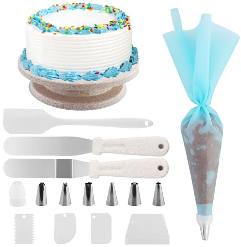 16 PCs Cake Decorating Kit -1 Rotating Cake Stand with Non Slip pad-Piping Tips -Straight & Offset Spatula-4 Scraper Set Other Baking Supplies
