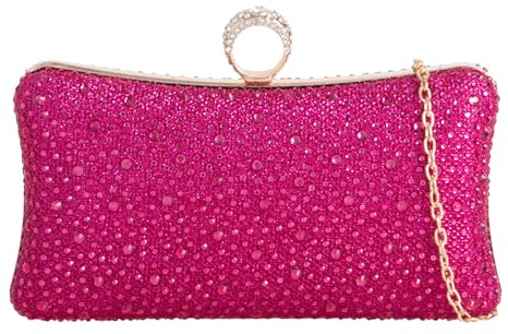UShopUK Shiny Glitter Ring Diamante Hard Case Bridal Prom Wedding Evening Clutch Party Purse Hand Bag (Fuchsia Pink)