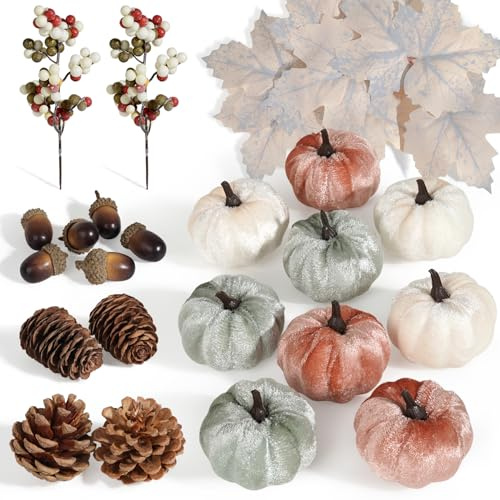 Miaikoe 25 PCS Pumpkin Decor Set, Artificial Fabric Pumpkins Decor with Acorns, Pinecones, Berries, Maple Leaves for Fall Autumn Halloween Thanksgiving Decorations Home Table