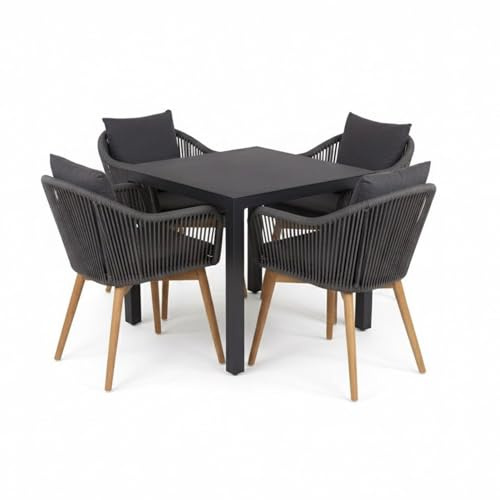 MR. DEKO Gartenmöbelset Solana & Tisch Keramik Grau Tarifa 90x90 cm | 4X Diningsessel Rope mit Teakholzbeinen | Esstisch | Wetterfeste Sitzgruppe Terrasse | Outdoor Essgruppe | Modern quadratisch
