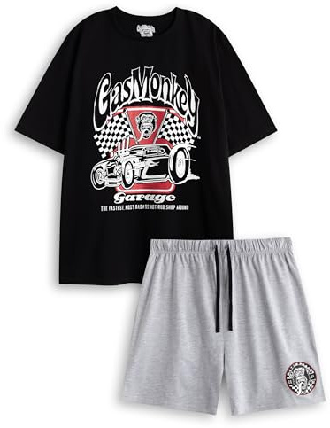 Gas Monkey Garage Pijama Negro de Manga Corta para Hombre de Monkey Garage | Pantalones Cortos Grises con Cinturilla elástica | Ropa clásica de Estar por casa con el Logotipo de Gas Monkey