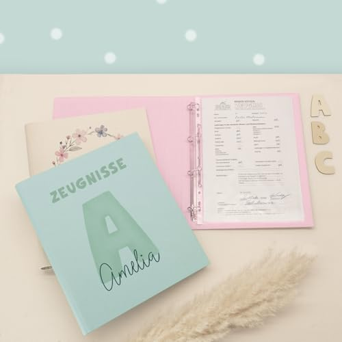 Zeugnismappe A4 personalisiert, Ringordner mit Namen, Leinen-Ordner für Schulzeugnisse, Geschenk Einschulung Mädchen & Jungen, Schulordner (Buchstabe Mint, Mint, Standard)