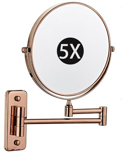 Zayeksole 8 An Der Wand Montierter Schminkspiegel Mit Vergrößerungsspiegel, Beidseitig Um 360° Schwenkbarer, Ausziehbarer Kosmetikspiegel in Roségold Für Das Badezimmer,Rose Gold,5X