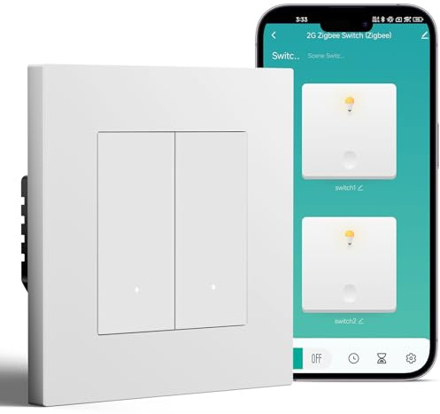 BSEED Smart Zigbee Schalter mit Steckklemme, Smart Lichtschalter Funktioniert mit Alexa & Google Home, Timing-Funktion, PC Rahmen, Zigbee Hub & Neutralleiter Erforderlich, 2 Fach 1 Weg, Weiß