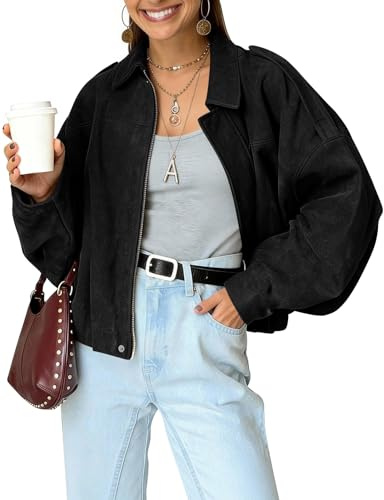 Kissonic Veste bomber en faux daim pour femme, coupe surdimensionnée