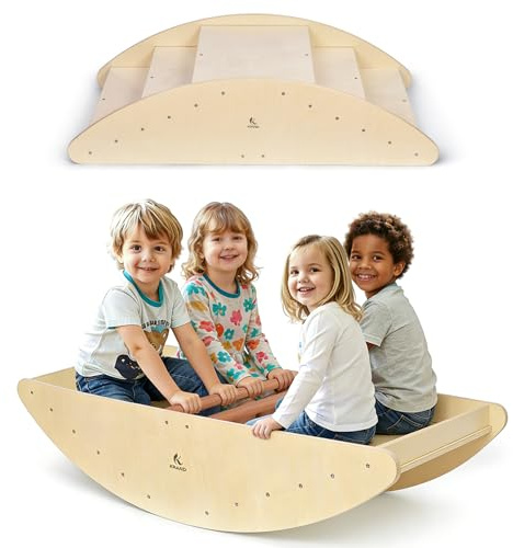 KRAND Two-Sided Kids Rock & Roll Rocking Boat, Teeter-Totter Seesaw with Climbing Bridge Steps - Holds Up to 4 Kids, Indoor/Outdoor Play Fun