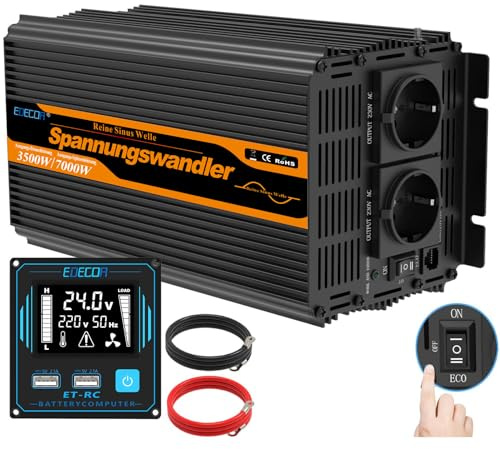 EDECOA Inverter da 24 V a 230 V 3500 W, convertitore di tensione sinusoidale puro con presa 2 EU, telecomando LCD per roulotte, camion, energia solare, potenza di picco 7000 W