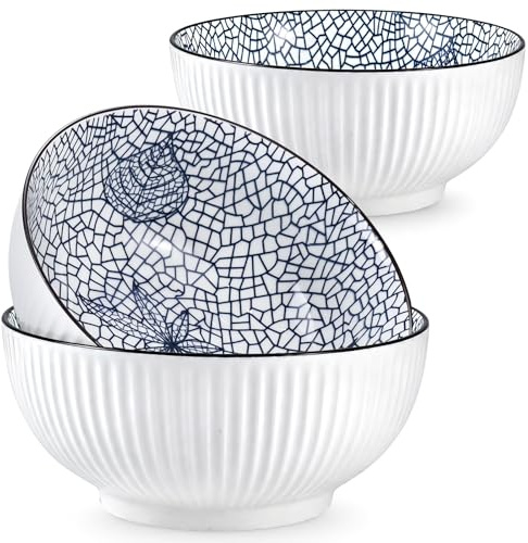 Kaxtde 3 Pack 1800ml Large Soup Bowls, 21cm Porcelain Pasta Bowl Set | Ceramic Japanese Ramen Bowls for Noodles Salad Cereal, Microwave & Dishwasher Safe (Leaf Patterns)