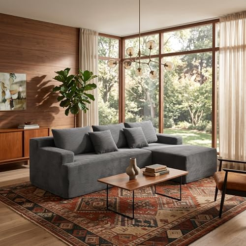 GRAVFORCE Ecksofa L-Form modular, Montagefrei Sofa mit Schlaffunktion flexibel kombinierbarer Cord Couch 3 Sitzer mit breiter Liegefläche, Für Wohnzimmer und Schlafzimmer, 235x150x66 cm Dunkelgrau
