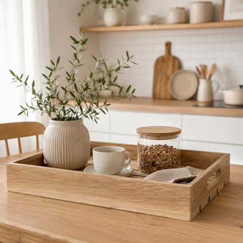 Eichentablett aus Massivholz – Serviertablett aus Eiche mit hohem Rand – Wahlweise 55 x 40 x 8 cm oder 50 x 30 x 8 cm – Holztablett für Frühstück, Küche und Dekoration (50x35x8cm)