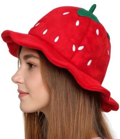 Greenery-GRE Strawberry Bucket Hat Cute Fruit Costume Hat Plush Novelty Party Dress Up Cap for Party Cosplay Halloween Photo Prop