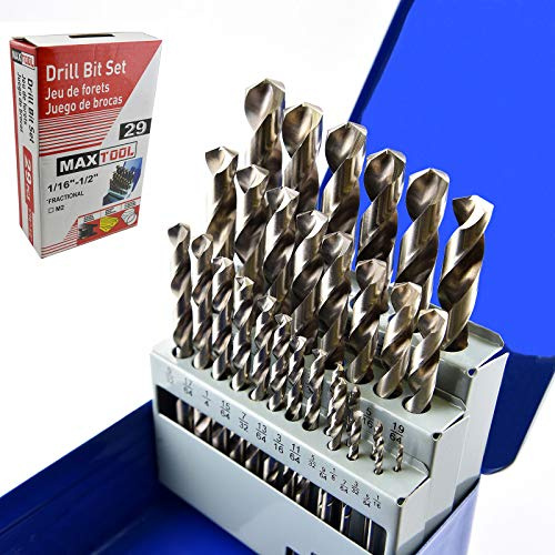 MaxTool 29-Piece Twist Drill Bit Set High Speed Steel M2 Jobber Length Fully Ground 3-Flat for Metal Stainless Sizes 1/16“ to 1/2”; JBS02W13R029P