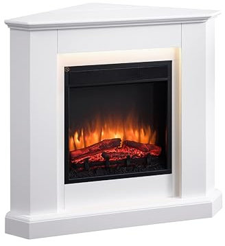 Elektrokamin BALDERIA Candela - Elektrischer Eckkamin mit 3D-Flammeneffekt, Elektro Heizung 2000W, LED-Beleuchtung, Fernbedienung, Timer & Thermostat - Weiß