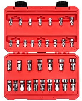 TEKTON 1/4, 3/8 Zoll Antrieb 6-Kant Universalgelenk-Steckschlüsselsatz mit Koffer, 33-teilig (1/4-3/4 Zoll, 6-19 mm) | SHD99301