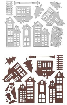 Stanzenshop Stanzschablone Fünf verschiedene Häuser mit Zubehör, Haus, Baum, Laterne, Stadt, Stanzformen, Schablonen, Scrapbooking, Kartenherstellung