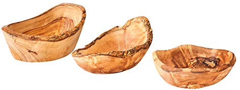 Juego de 3 cuencos de madera de olivo, aprox. 12 – 16 cm, rústico, pequeño, mediano, grande, como agarrado, cuenco único, cuenco de madera, ensaladera, decoración de mesa, cuenco para aperitivos