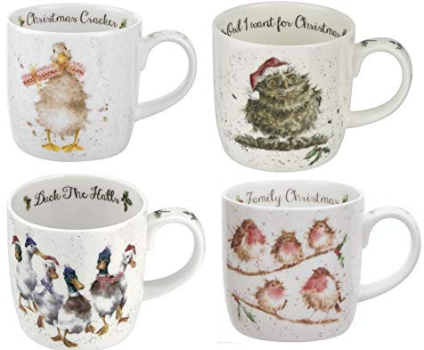 Wrendale Designs Portmeirion - Set di 4 tazze natalizie, 0,3 l, motivo: pettirossi, gufi e anatre
