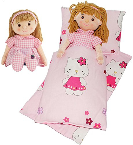 alles-meine.de GmbH 4 TLG. Set: Puppendecke & Kissen - mit Unterlage & Schmusepuppe - Mädchen mit rosa Kleid - aus 100% Baumwolle - Stoff - Bettwäsche - für Puppen - Bettzeu..