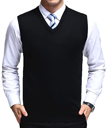 OlyljpinZ Clásico para hombre con cuello en V de lana sin mangas chaleco de punto de negocios jerseys chaleco de corte delgado chaleco sin mangas camisetas sin mangas, Negro, L