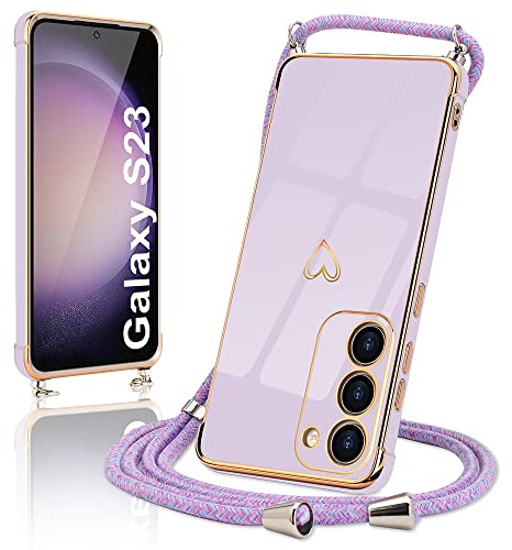 Micoden Handykette für Samsung Galaxy S23 5G Hülle mit Band Herz | Necklace Handyhülle Kameraschutz Herz Love Design Slim Galvanik Silikon TPU Case Kordel zum Umhängen Schutzhülle, Lila