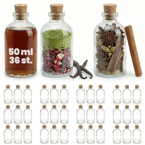 casavetro 36 Glasflaschen 50ml mit Korken – Kleine Flaschen zum Befüllen klar & leer – Likörflaschen Glasfläschchen Mini 50 ml für Deko Gastgeschenke DIY Hochzeit
