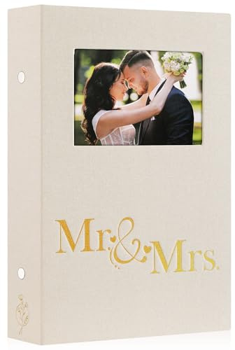 Lanpn álbum de fotos boda 10x15cm 300 Bolsillos, Cubierta de lino Gran capacidad Ventana Álbum Hold 300 Fotos horizontales (Mr & Mrs, Beige)