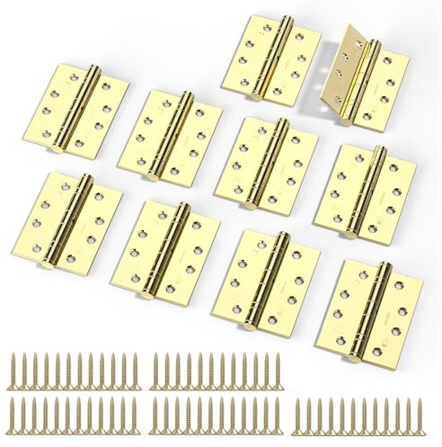 Bwintech 5 Pairs 100 x 75 x 2.7mm (4 inch) Brass Plated Hinge, Steel Fireproof Inner Door Hinge, Square Corners, Ball Bearing Hinge Used in Residential and Commercial Buildings