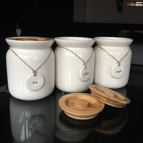 BMLIMITED BML Airtight Set of 3 White Ceramic Tea Sugar Coffee Canister Rope Labels Kitchen Storage Canisters Jars With Bamboo Lid For Kitchen Counter