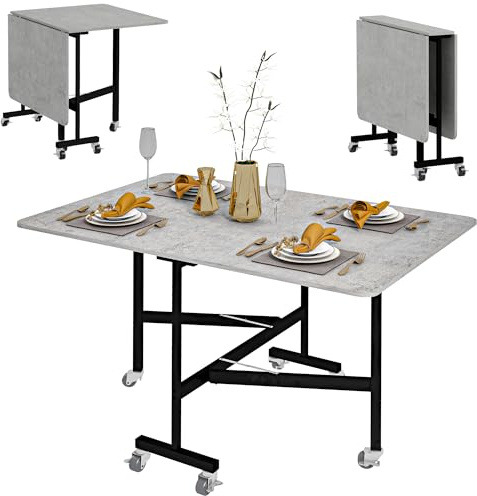 HOMCOM Mobile Drop Leaf Table, Folding Dining Table with 6 Wheels & Brakes, Kitchen Table for Small Spaces, Grey Marble Effect