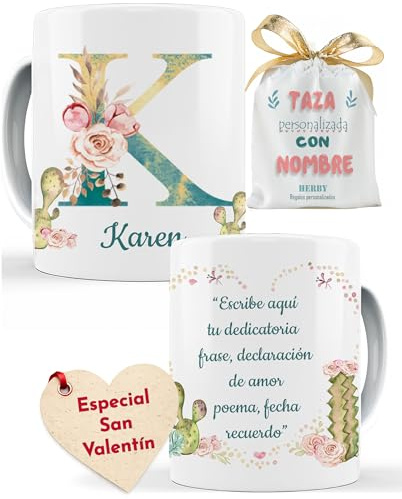 Taza de cerámica personalizada con nombre, taza de regalo con inicial y nombre bonito estampado cactus, flores, llama, regalos de navidad personalizados para mujer (K)