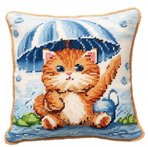 Taxpy DIY knüpfkissen mit vordruck Katze mit Regenschirm, DIY Knüpf-Sets, 3D-Kissen-Materialpaket, Knüpf-Stick-Sets 17x17in B