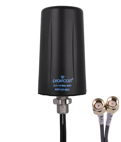Proxicast Indoor/Outdoor 2x2 MIMO Omnidirectional WiFi Antenna - Tri-Band 2.4/5.8/6 GHz - 3-5 dBi Gain - Vandal Resistant Low Profile Fixed Through-Hole Mount - 10 ft Coax Lead w/RP-SMA (ANT-131-M22)