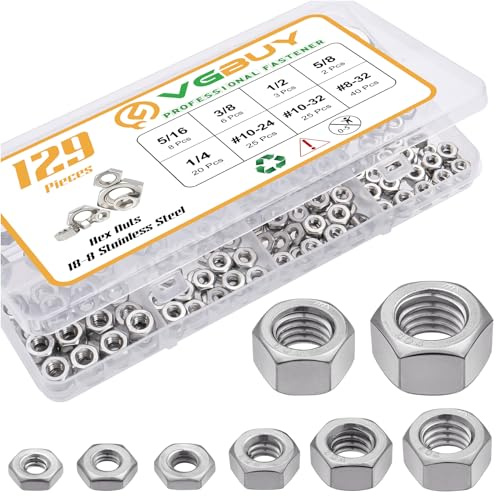 VGBUY 129pcs SAE Hex Nuts Assortment Kit 8-32 10-24 10-32 1/4-20 5/16-18 3/8-16 1/2-13 5/8-11, 304 Stainless Steel 18-8 External Hex nut Set